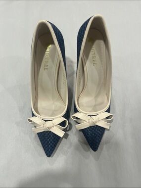 BigTree Navy Pointed-Toe Pumps with Cream Bow Accent